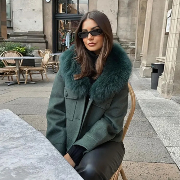 Green Autumn Winter Bomber Jacket For Women Vintage Faux Fur - Picture 2 of 8